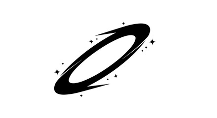 A stylized black illustration of a planet ring surrounded by stars viewed from an angled perspective in space © Sakila