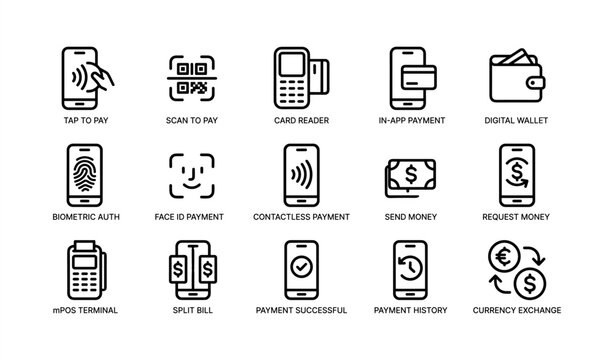 Contactless payment and digital wallet icons for modern transactions