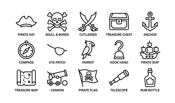 Pirate icon set featuring maps, treasures, and symbols