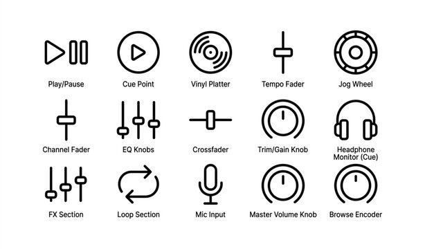 Audio mixing equipment icons: play, cue, vinyl, faders, effects, knobs