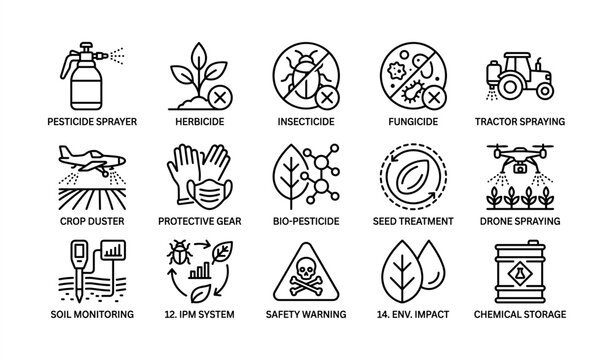 Agricultural pest control icons: sprayer, herbicide, insecticide, fungicide, tractor, drone, safety