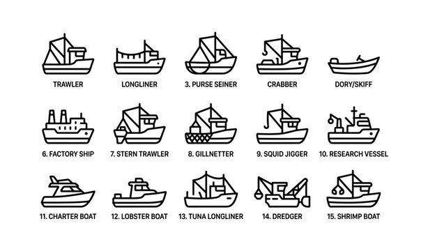 Icon set of various fishing boats with names and types on a white background
