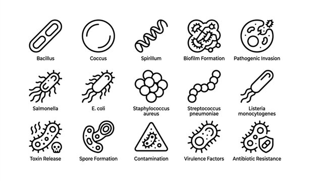 Illustration of bacteria types and structures with pathogenic elements