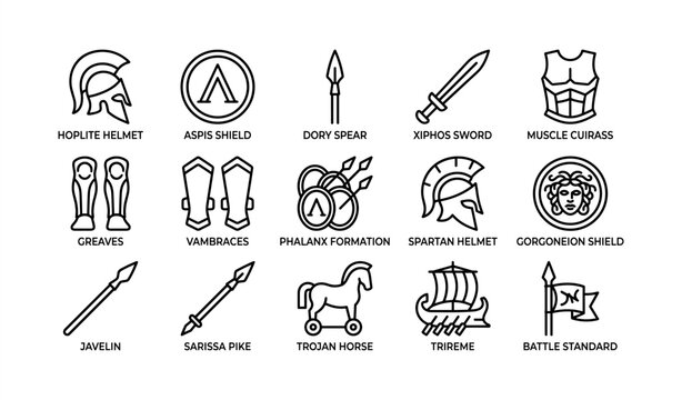 Ancient greek warfare icons: helmets, shields, weapons, ships and armor