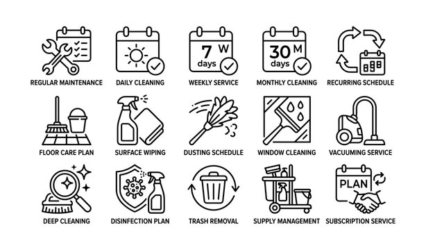 Comprehensive cleaning services icons including maintenance, daily cleaning, and subscription plans