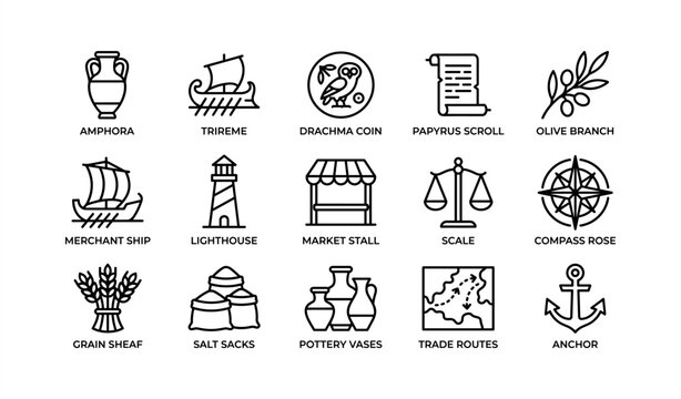 Ancient greek symbols: amphora, trireme, drachma coin, papyrus scroll, olive branch icons