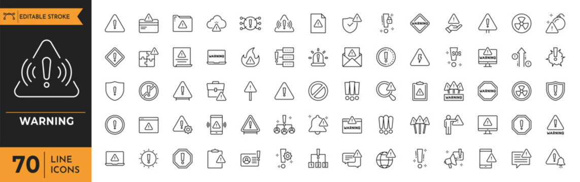 Warning signs displayed on a black and orange background with various symbols