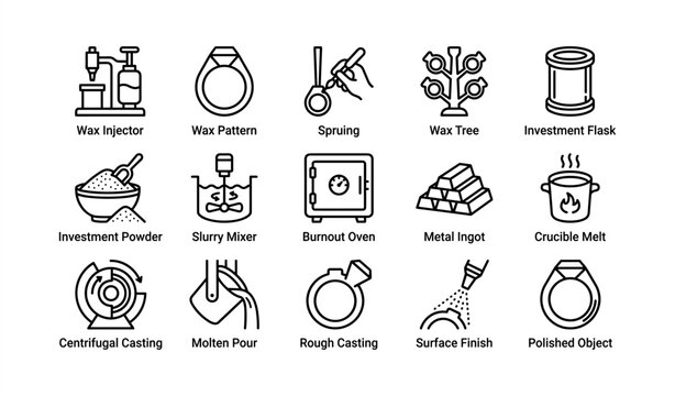 Wax casting process icons: tools and equipment for metal casting techniques