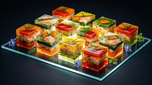 Colorful Seafood Aspic Cubes on Glass Presentation Tray


