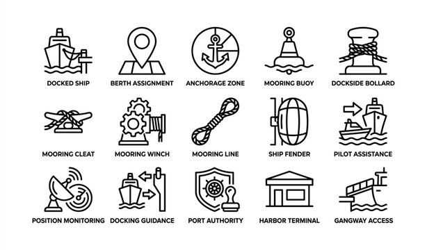 Nautical icons set featuring docked ship, anchorage, mooring equipment, and port authority