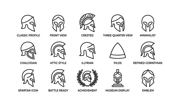 Greek helmet icon set: classic, spartan, corinthian, and minimalist designs