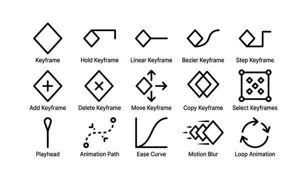 Animation keyframe icons: linear, bezier, and motion blur symbols