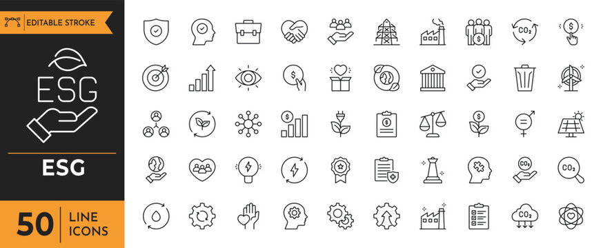 A collection of ESG line icons depicting various environmental and social responsibility concepts