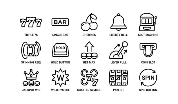 Icon set of classic slot machine symbols and features