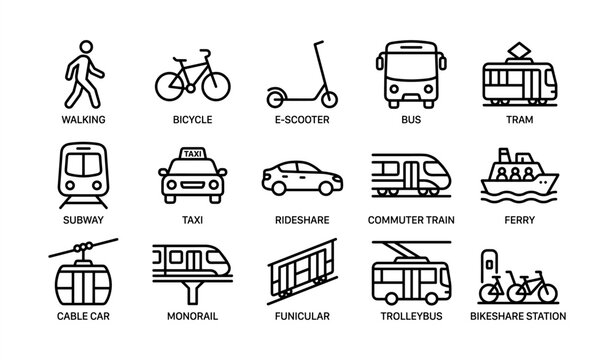 Transport icon set featuring bicycle, bus, tram, subway, ferry, and more