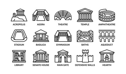 Fototapeta premium Ancient roman and greek architectural icons: temples, amphitheaters, and more