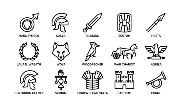 Ancient roman symbols and weapons icons: mars, galea, gladius, scutum, hastas, laurel, wolf, woodpecker, chariot, aquila