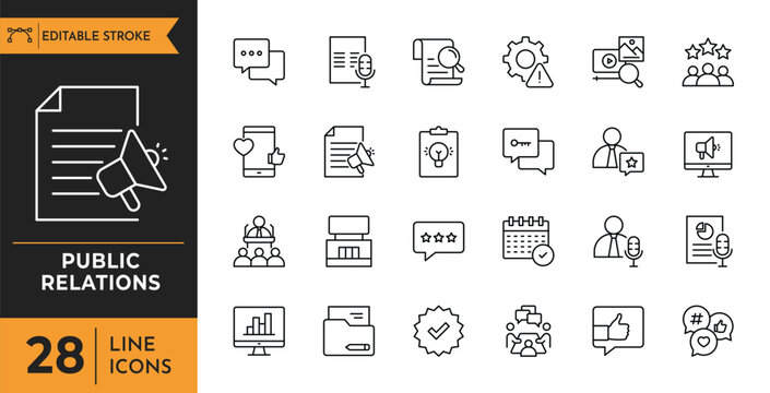 A collection of line icons depicts various public relations concepts and communication symbols.