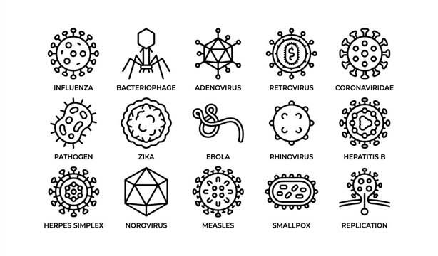 Illustrated icons of various viruses and pathogens with names