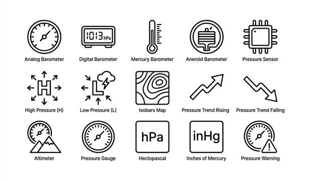 Various weather barometers and pressure indicators icons set