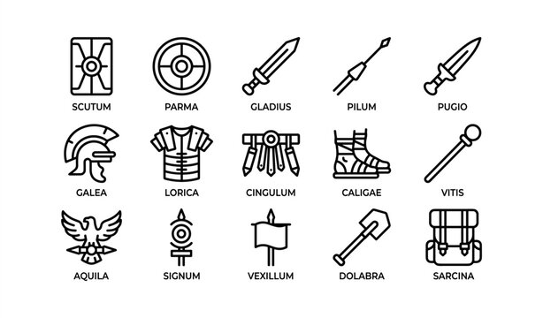 Ancient roman military equipment icons including weapons and armor