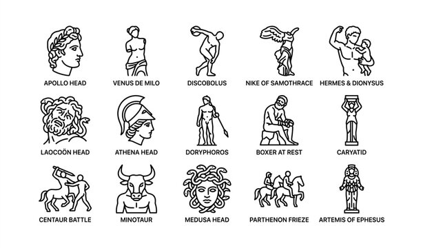 Famous ancient greek sculptures and figures icons set