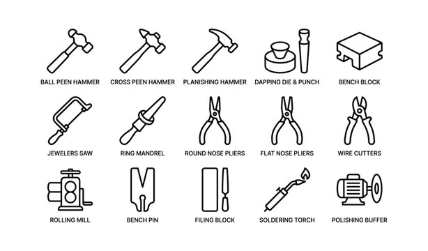 Metalworking tools collection: hammers, pliers, mandrel, torch, cutter, buffer