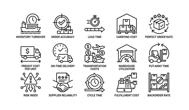 Logistics and supply chain management icons featuring key performance metrics