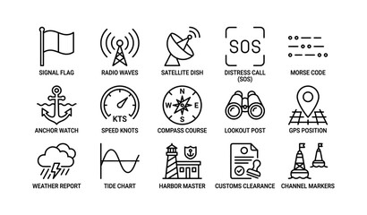 Fototapeta premium Maritime icons: signal flag, radio waves, satellite dish, gps position, compass course