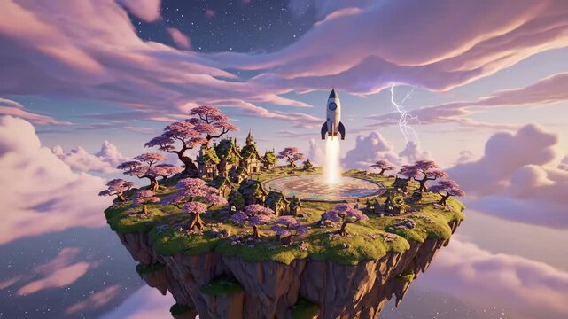 Futuristic rocket liftoff on mythical floating island among cherry blossoms and lightning clouds
