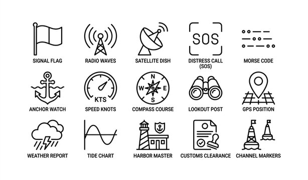 Maritime icons: signal flag, radio waves, satellite dish, gps position, compass course