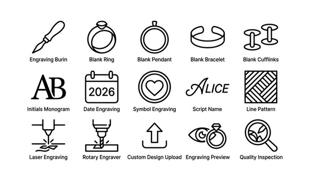 Engraving tools and custom design options icons set