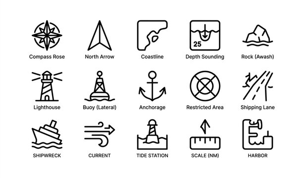 Nautical symbols: compass lighthouse buoy anchorage shipwreck harbor navigation icons