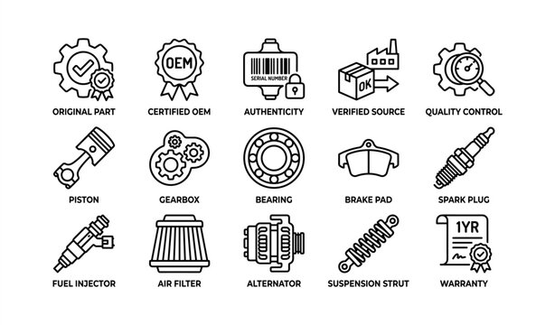 Automotive parts and certification icons including oem and quality control symbols