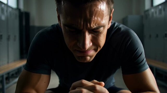 Man sweating and exhausted after intense workout in gym locker room, showing determination and perseverance