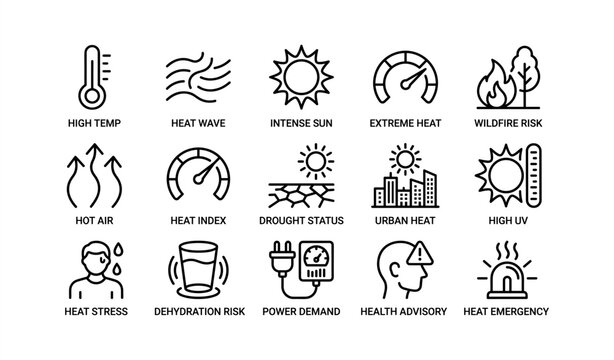 Heat advisory icons: temperature, drought, wildfire risk, uv index, dehydration alerts