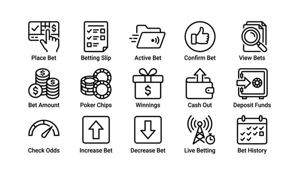 Betting icon set: place bet, view bets, cash out, live betting, winnings