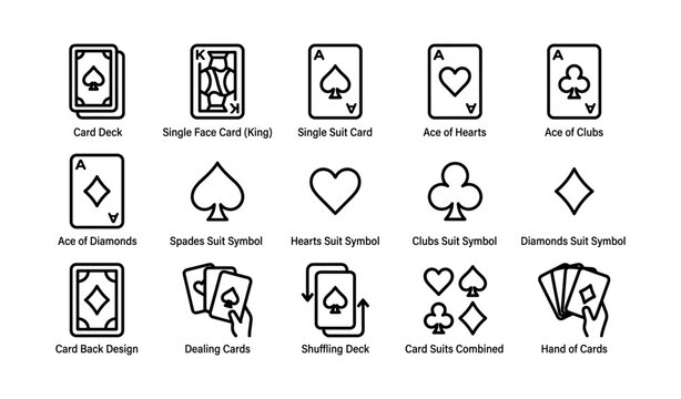 Playing cards icons: suit symbols, ace, king, deck, and hand of cards design