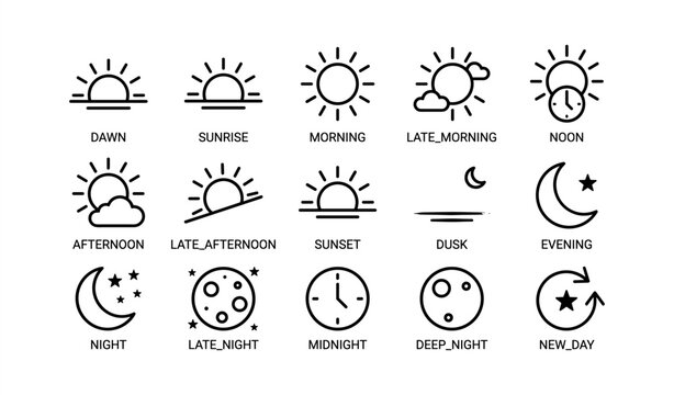 Minimalist icons depicting stages of day and night with sun and moon designs