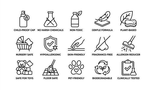 Icons representing safe and eco-friendly product features and testing