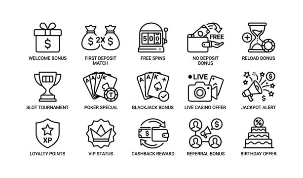 Casino promotion icons: bonuses, tournaments, loyalty rewards, poker, cashback