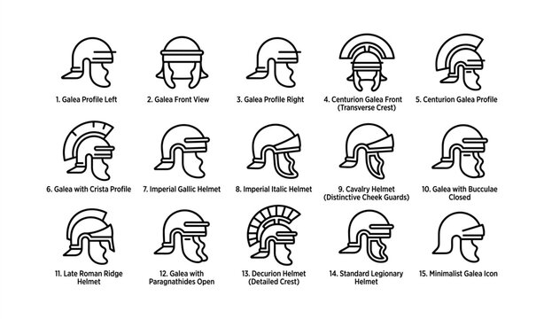 Styles of ancient roman helmets: galea, centurion, imperial italic, cavalry, legionary