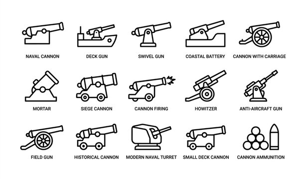 Collection of various cannon types and artillery line icons
