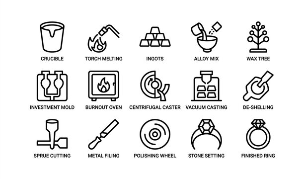 Jewelry manufacturing stages: crucible to finished ring icons