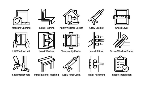 Window installation process icons: tools, techniques, steps, and equipment