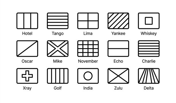 Collection of nautical signal flag icons with simple line designs