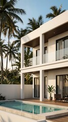 Modern tropical home exterior with palm bokeh, vertical travel and resort