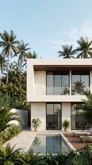 Fototapeta premium Tropical minimalist villa with clean white walls and blurred palm silhouettes