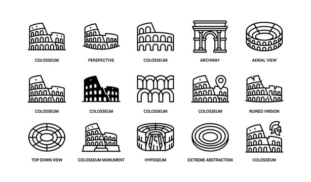 Colosseum icon set featuring various angles and styles