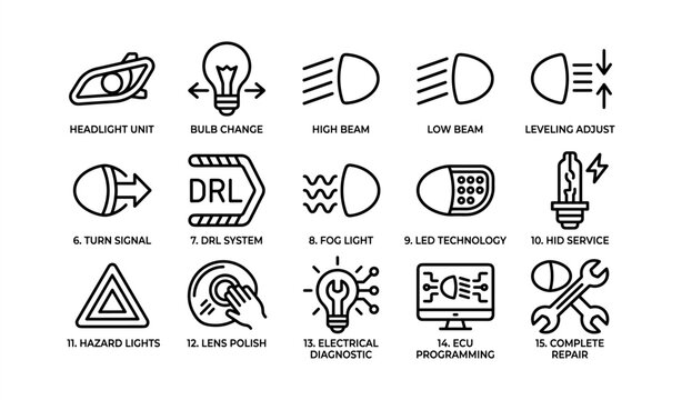 Automotive light icons: headlights, bulbs, fog lights, drl, led, ecu repair guide